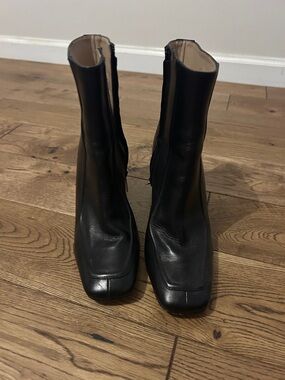 J. Crew Black Square-Toe Leather Ankle Booties
